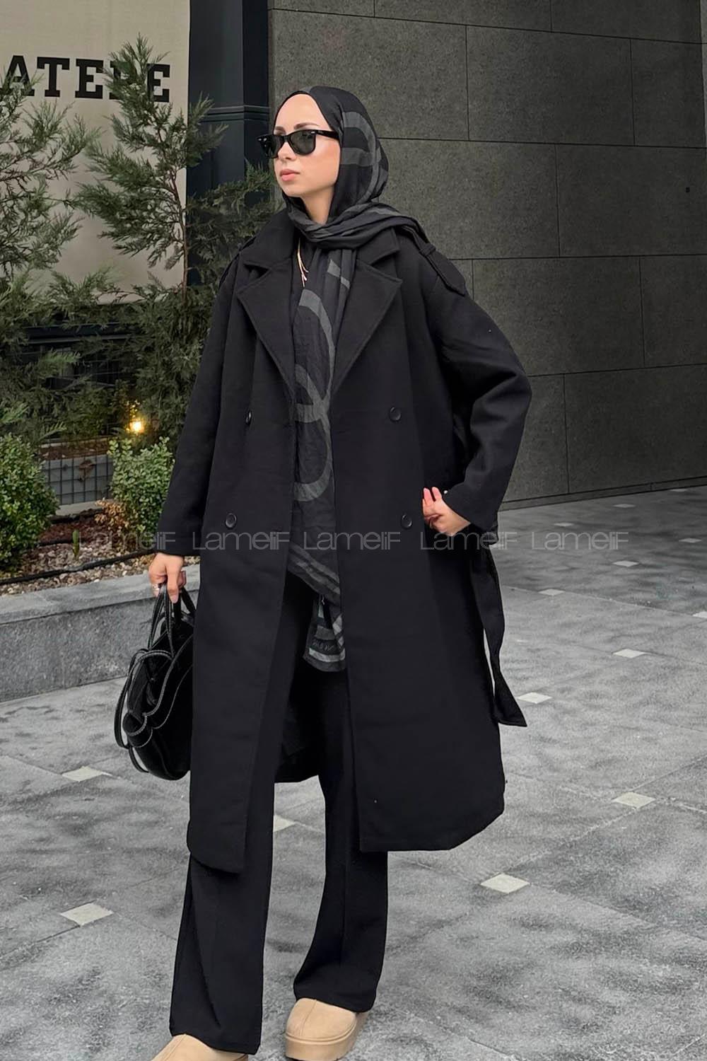 Lamelif Kemerli Kaşe Kaban Siyah