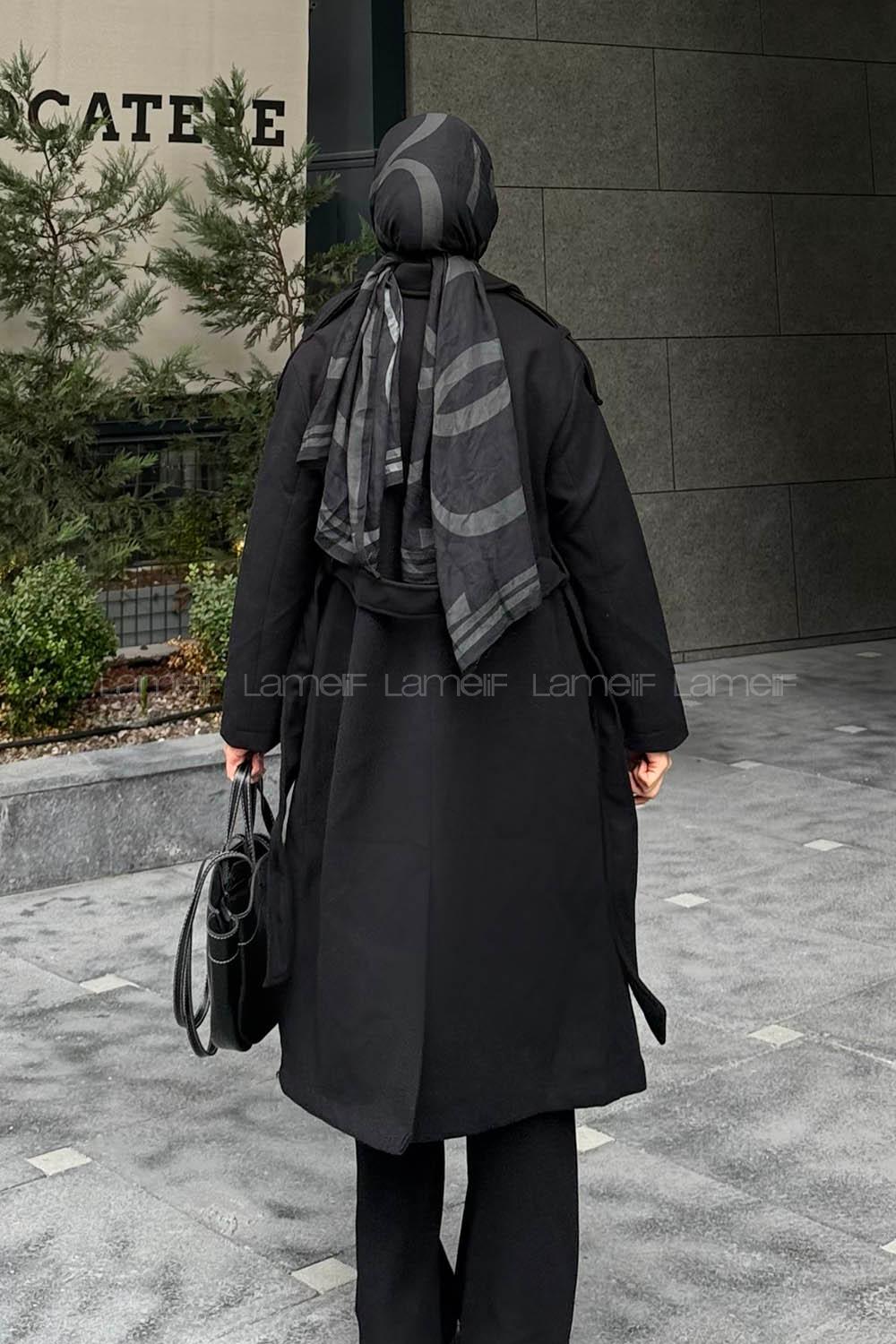 Lamelif Kemerli Kaşe Kaban Siyah