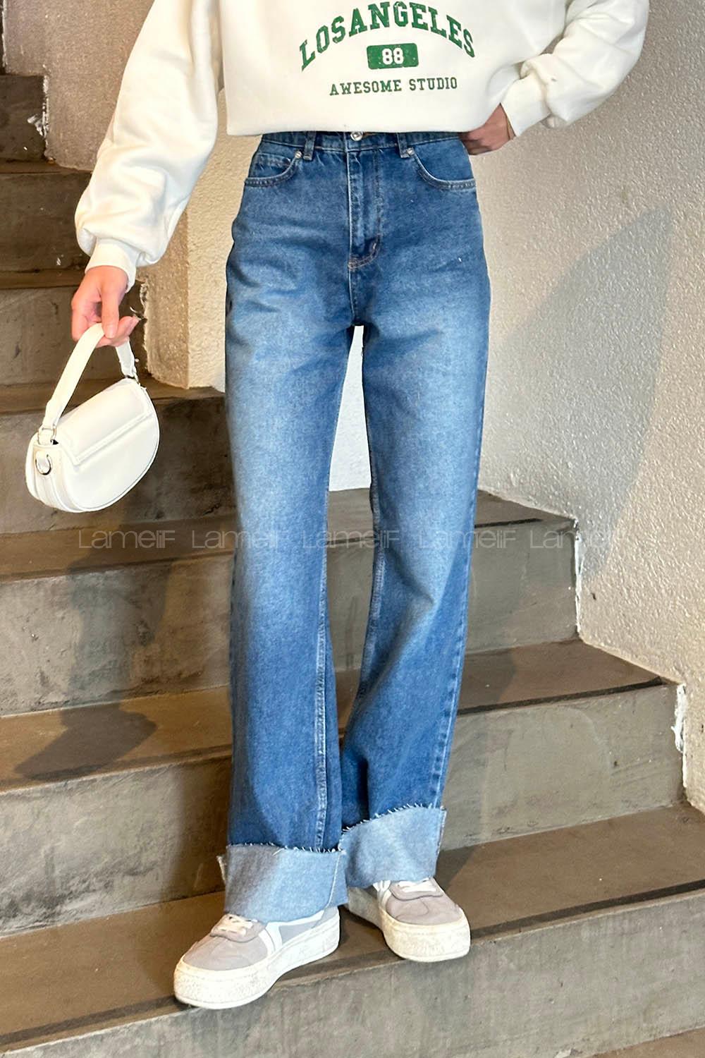 Lamelif Kesik Paça Straight Jean Yıkamalı Açık Mavi