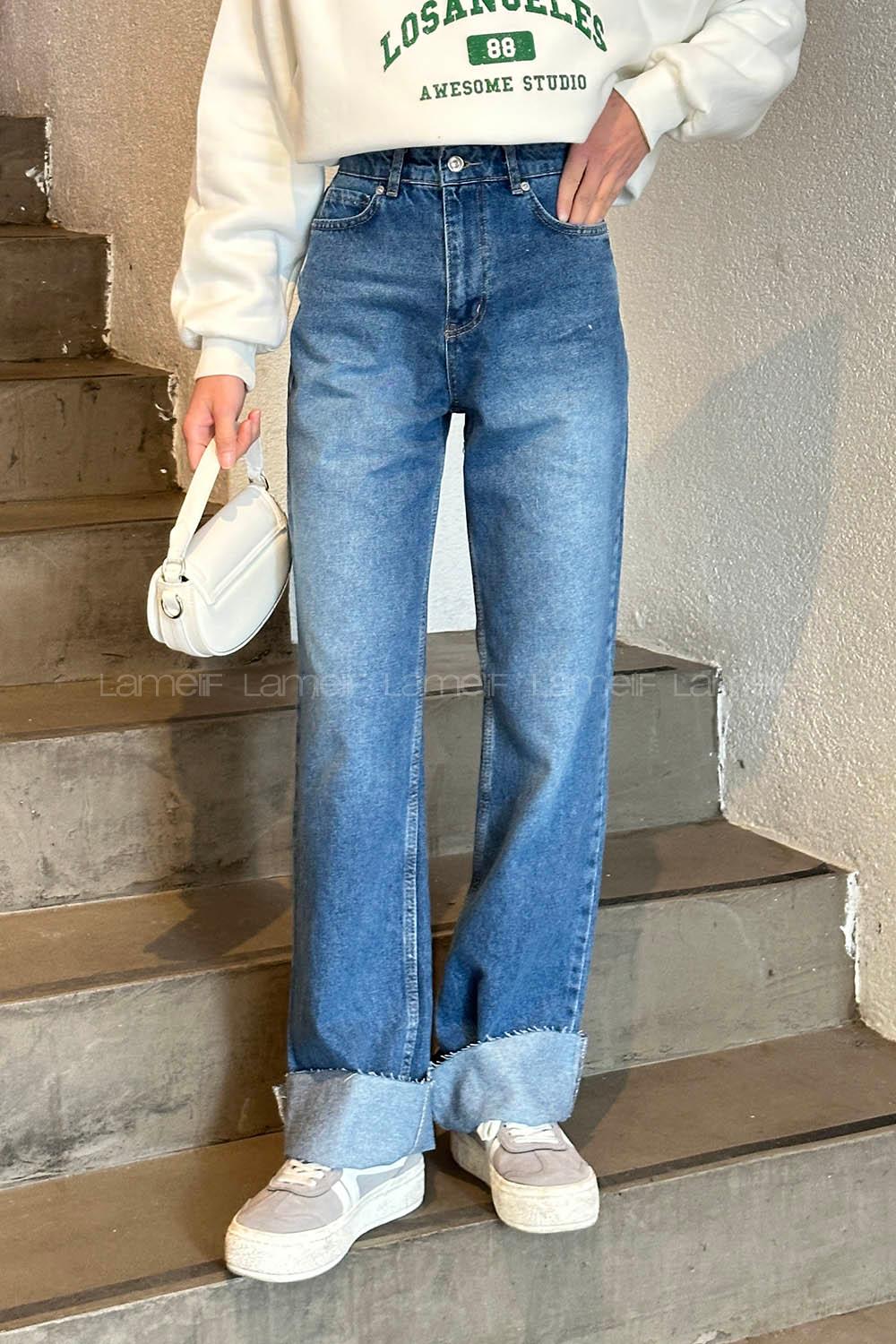 Lamelif Kesik Paça Straight Jean Yıkamalı Açık Mavi