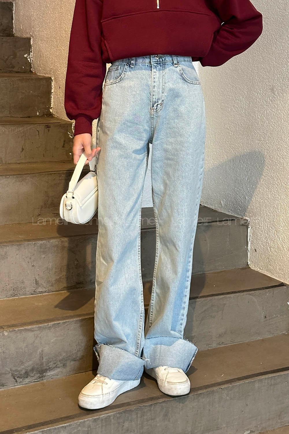 Lamelif Kesik Paça Straight Jean Yıkamalı Buz Mavisi