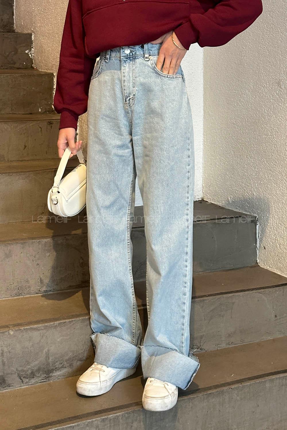 Lamelif Kesik Paça Straight Jean Yıkamalı Buz Mavisi