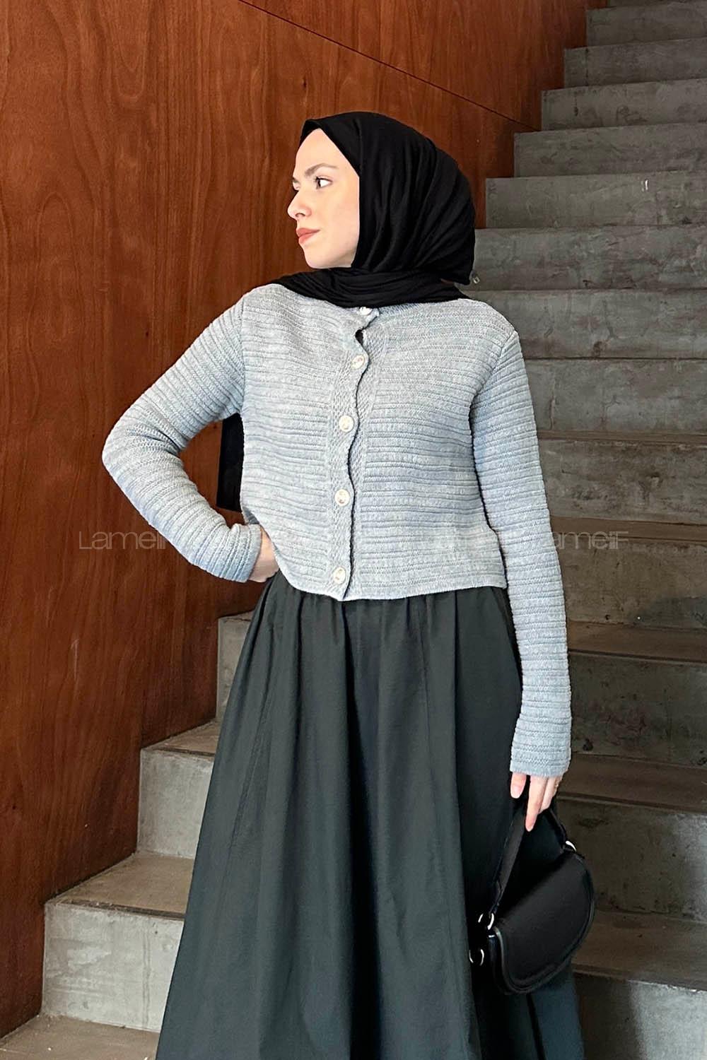 Gray Crew Neck Long Arm Cotton Cardigan