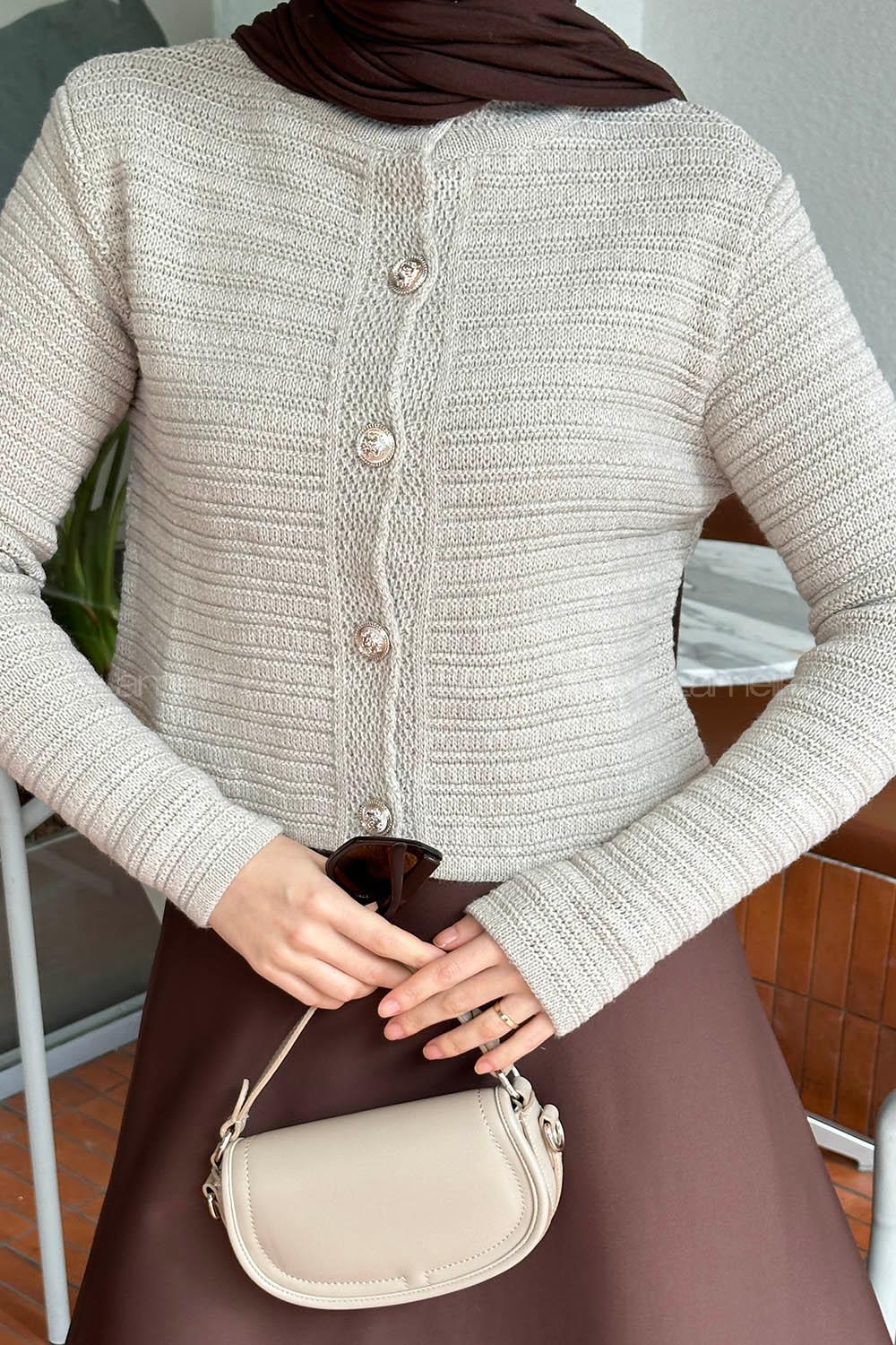 Lamelif Links Desenli Crop Hırka Taş Rengi