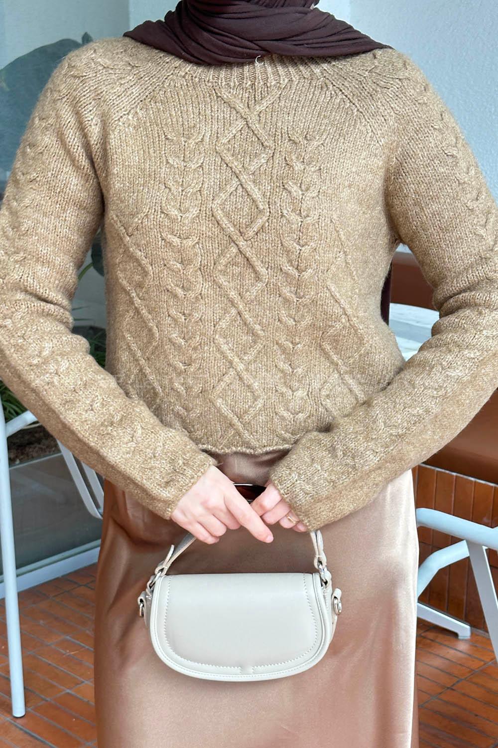 Lamelif Örgülü Kazak Camel