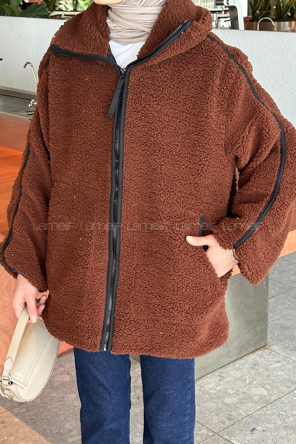 Lamelif Biye Detaylı Tedy Peluş Mont Acı Kahve