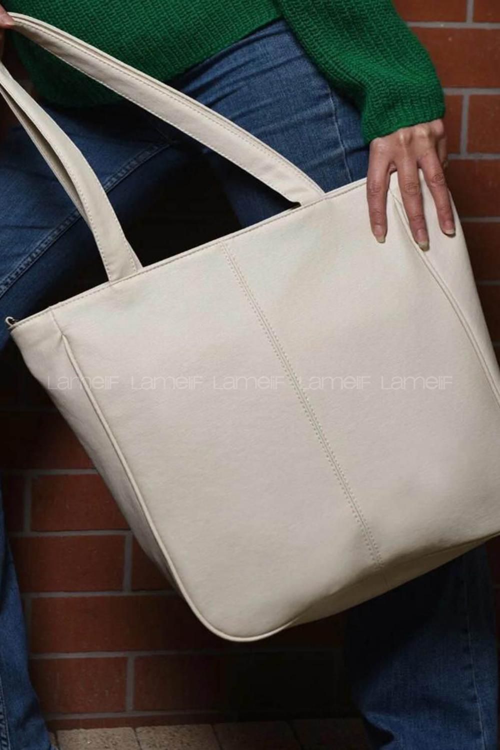 Lamelif Fermuar Detaylı Omuz Çantası Krem
