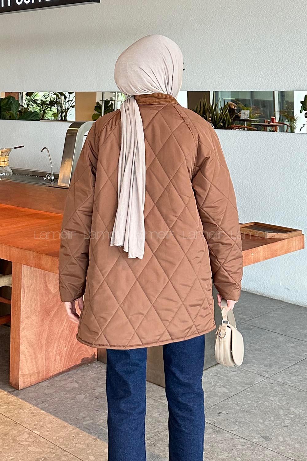 Lamelif Kadife Yaka Detaylı Kapitone Mont Kahverengi