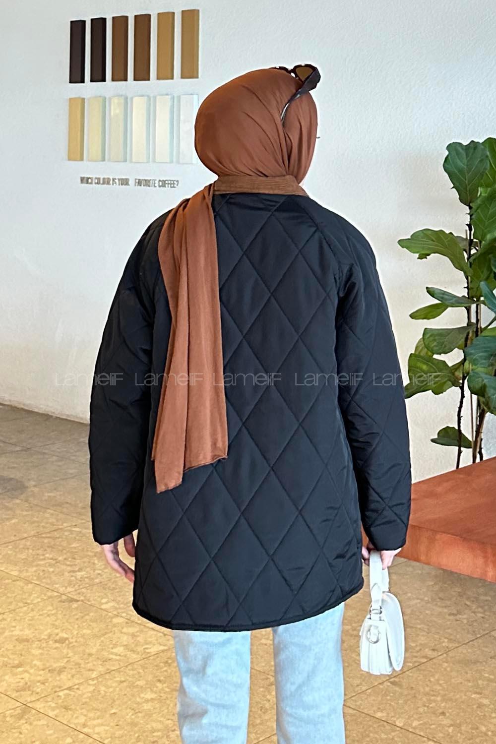 Lamelif Kadife Yaka Detaylı Kapitone Mont Siyah