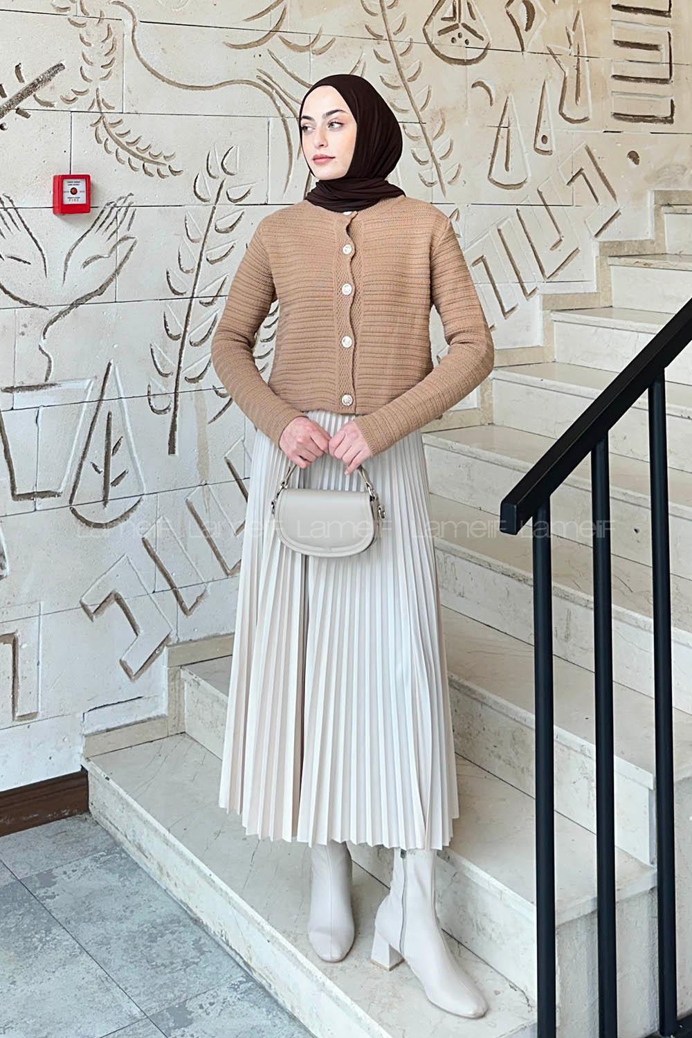 Lamelif Links Desenli Crop Hırka Camel