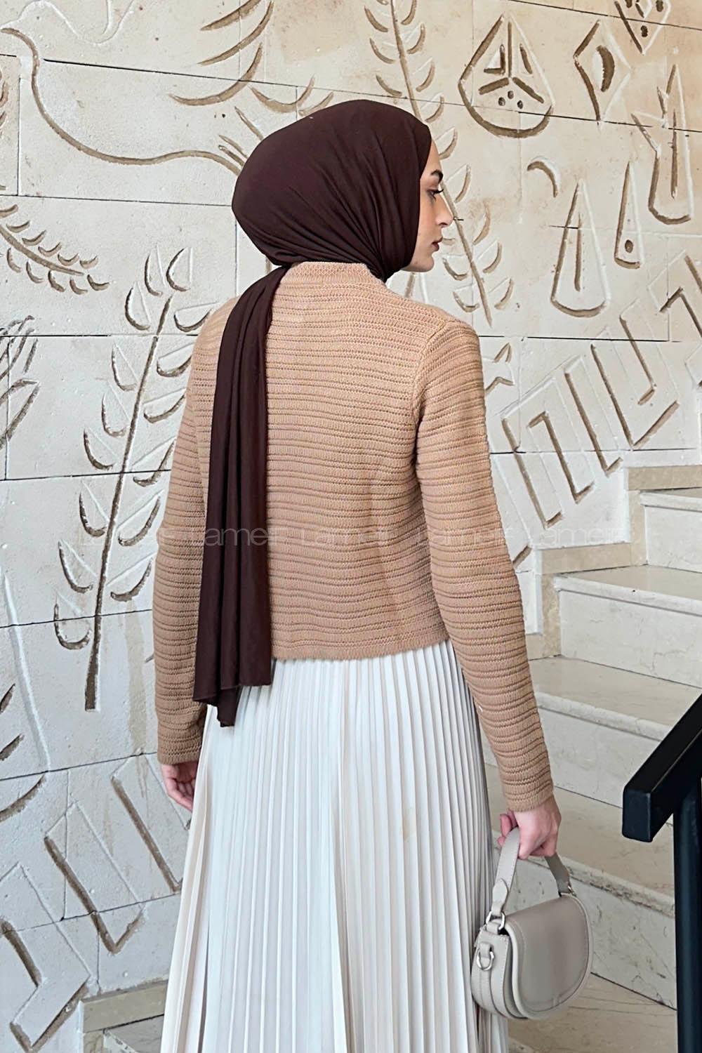 Lamelif Links Desenli Crop Hırka Camel