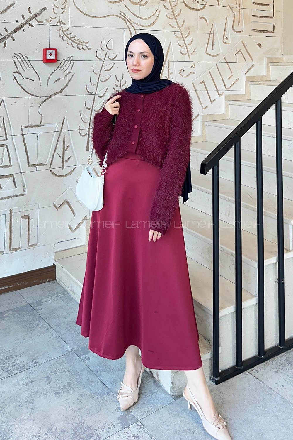 Claret Red Crew Neck Long Arm Acrylic Cardigan