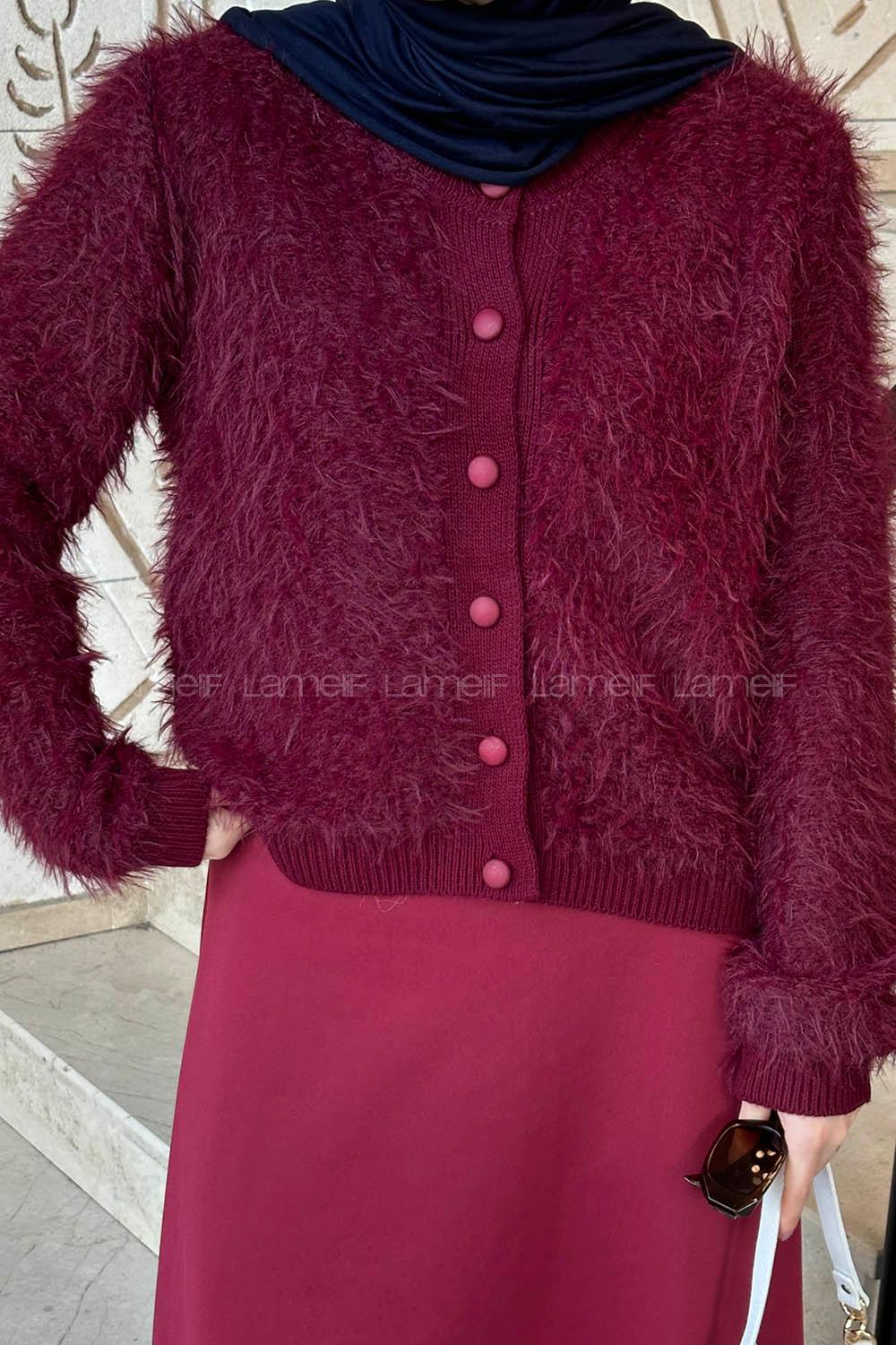 Claret Red Crew Neck Long Arm Acrylic Cardigan