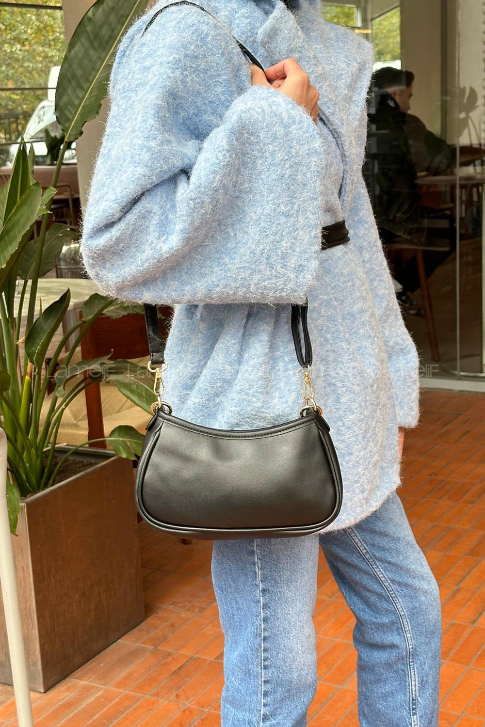 Lamelif Deri Görünümlü Baget Kadın Çanta Siyah