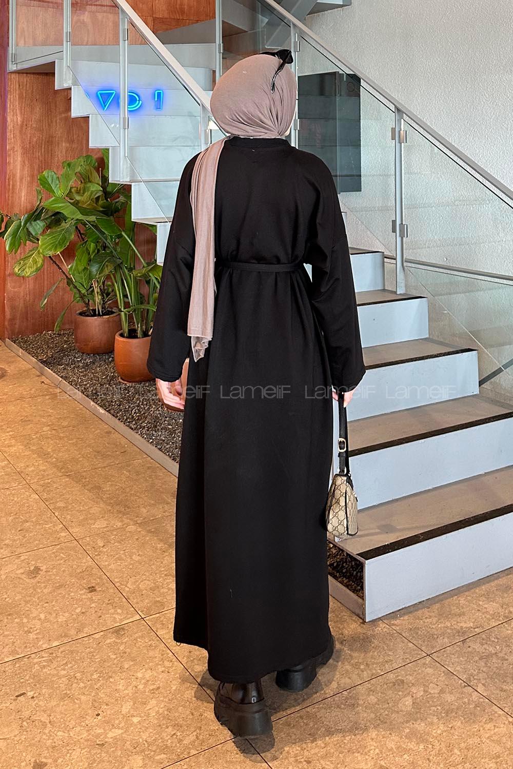 Lamelif Etek Ucu Armalı Kuşaklı Elbise Siyah