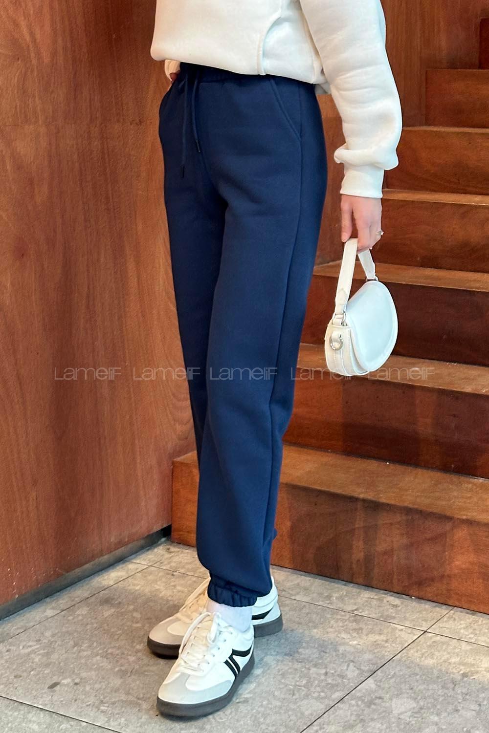 Navy Blue Elastic Trousers Elastic Waist Regular Cut Bottom Tracksuit