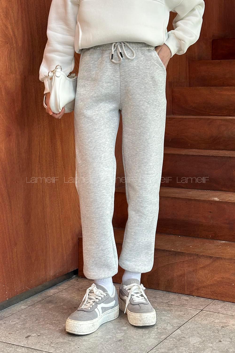 Light Grey Elastic Trousers Elastic Waist Regular Cut Bottom Tracksuit