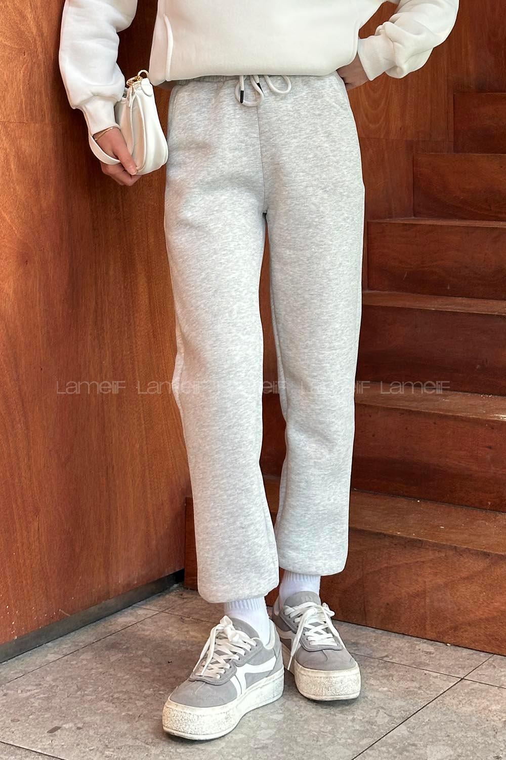 Light Grey Elastic Trousers Elastic Waist Regular Cut Bottom Tracksuit