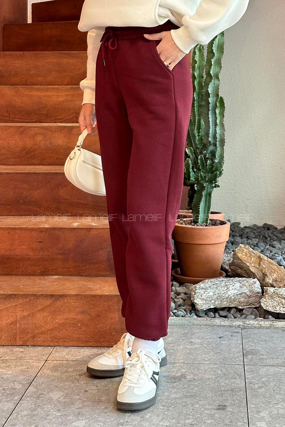 Claret Red Elastic Trousers Elastic Waist Regular Cut Bottom Tracksuit