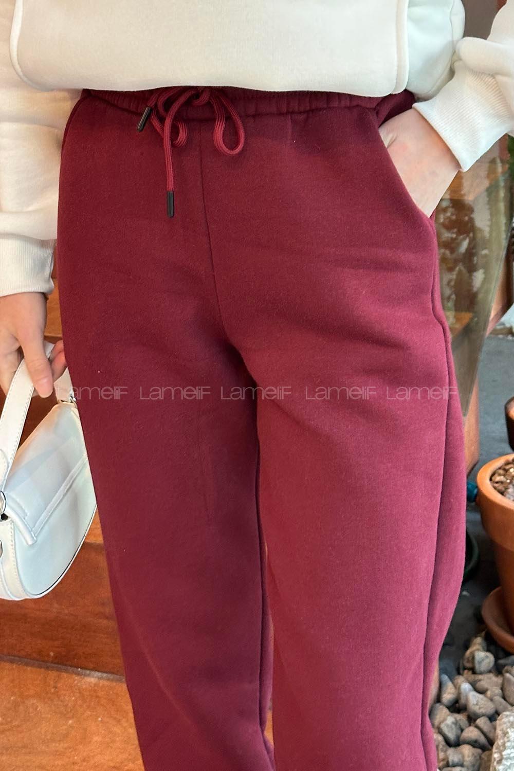 Claret Red Elastic Trousers Elastic Waist Regular Cut Bottom Tracksuit