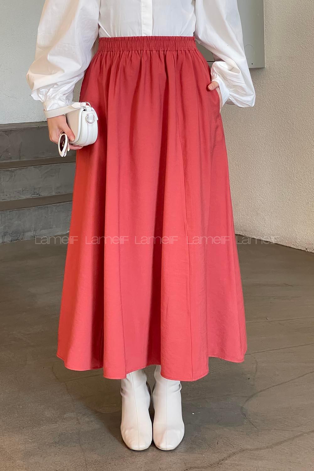 Lamelif Cep Detaylı Keten Etek Kiremit