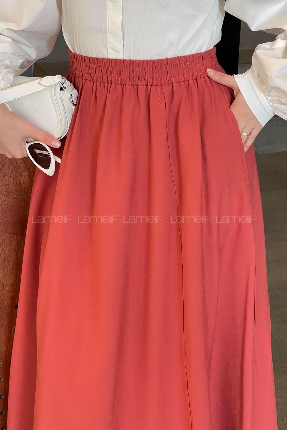 Lamelif Cep Detaylı Keten Etek Kiremit