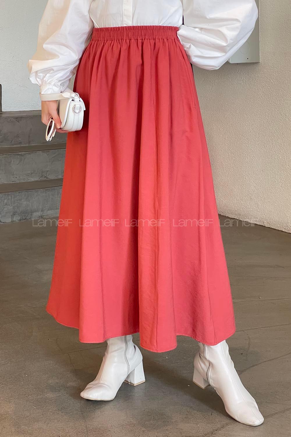 Lamelif Cep Detaylı Keten Etek Kiremit