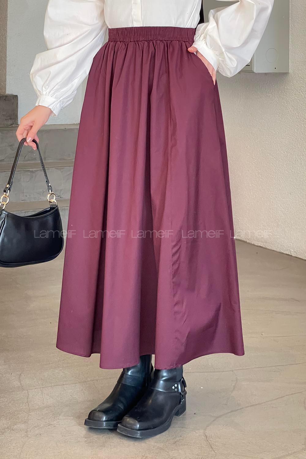 Lamelif Cep Detaylı Kloş Etek Mürdüm