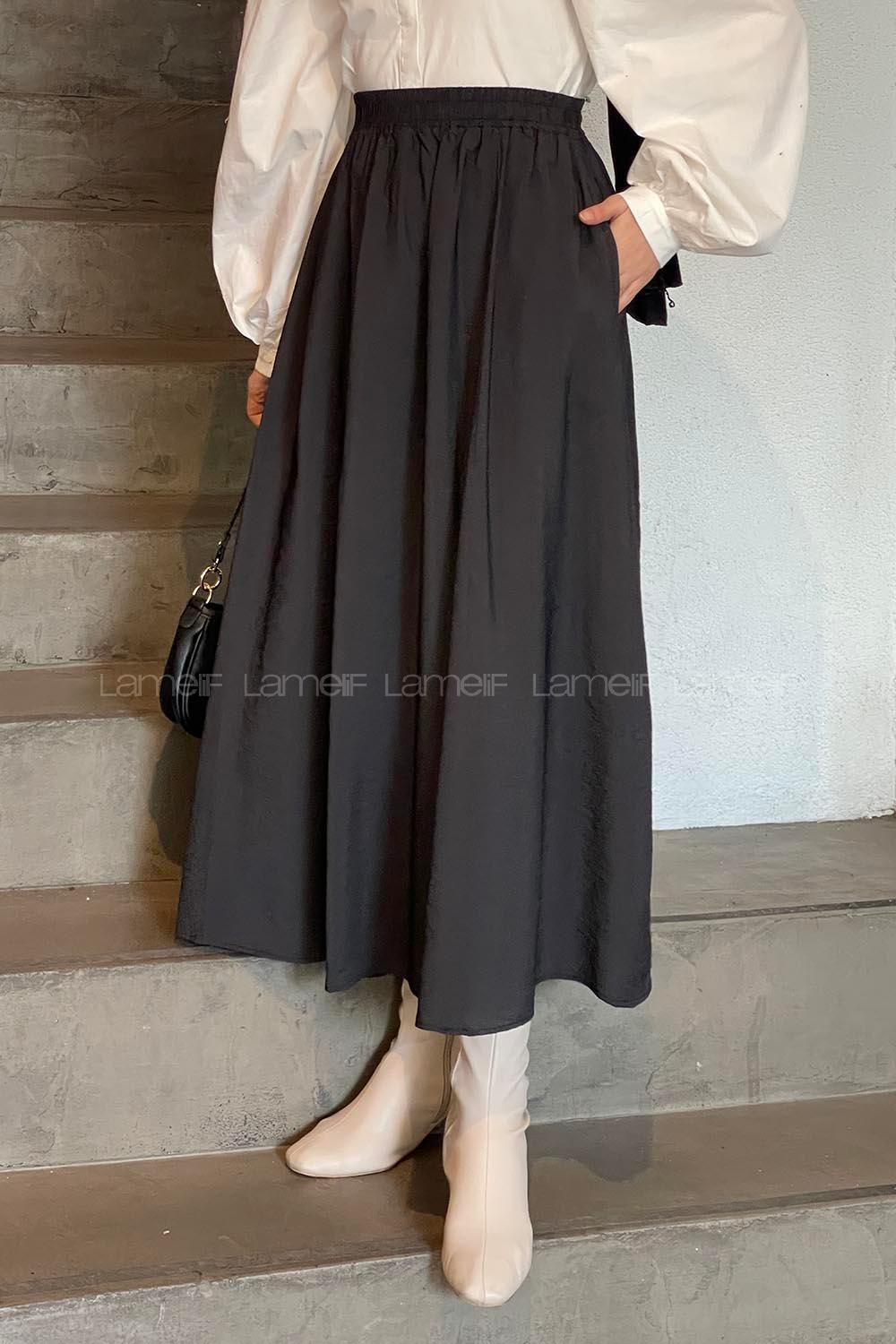 Lamelif Cep Detaylı Tensel Kloş Etek Koyu Füme