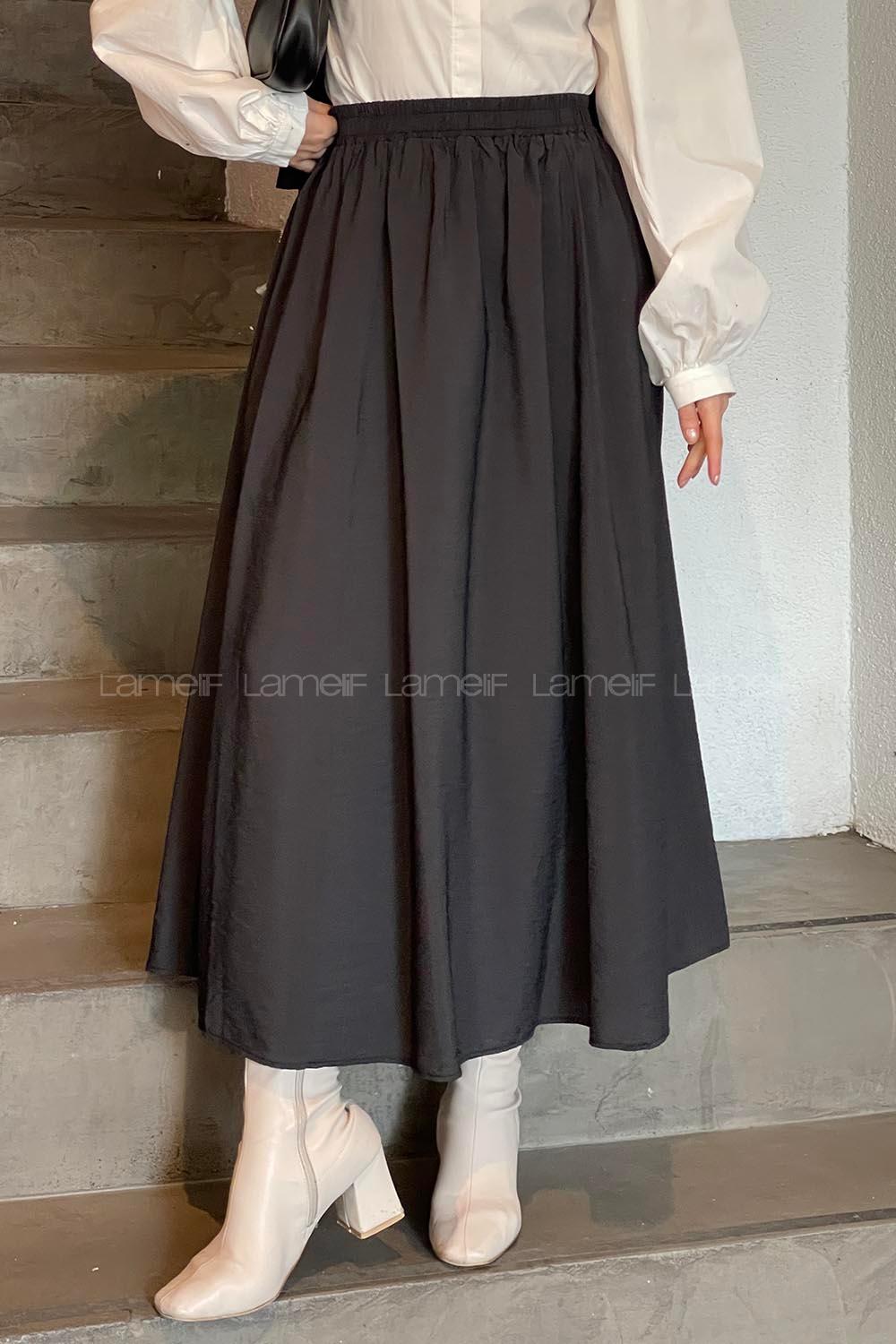 Lamelif Cep Detaylı Tensel Kloş Etek Koyu Füme