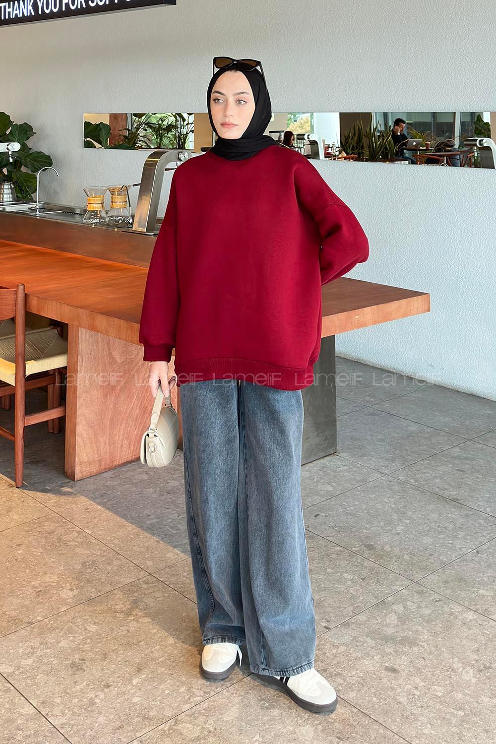Lamelif Jasmin Bisiklet Yaka Oversize Sweat Bordo