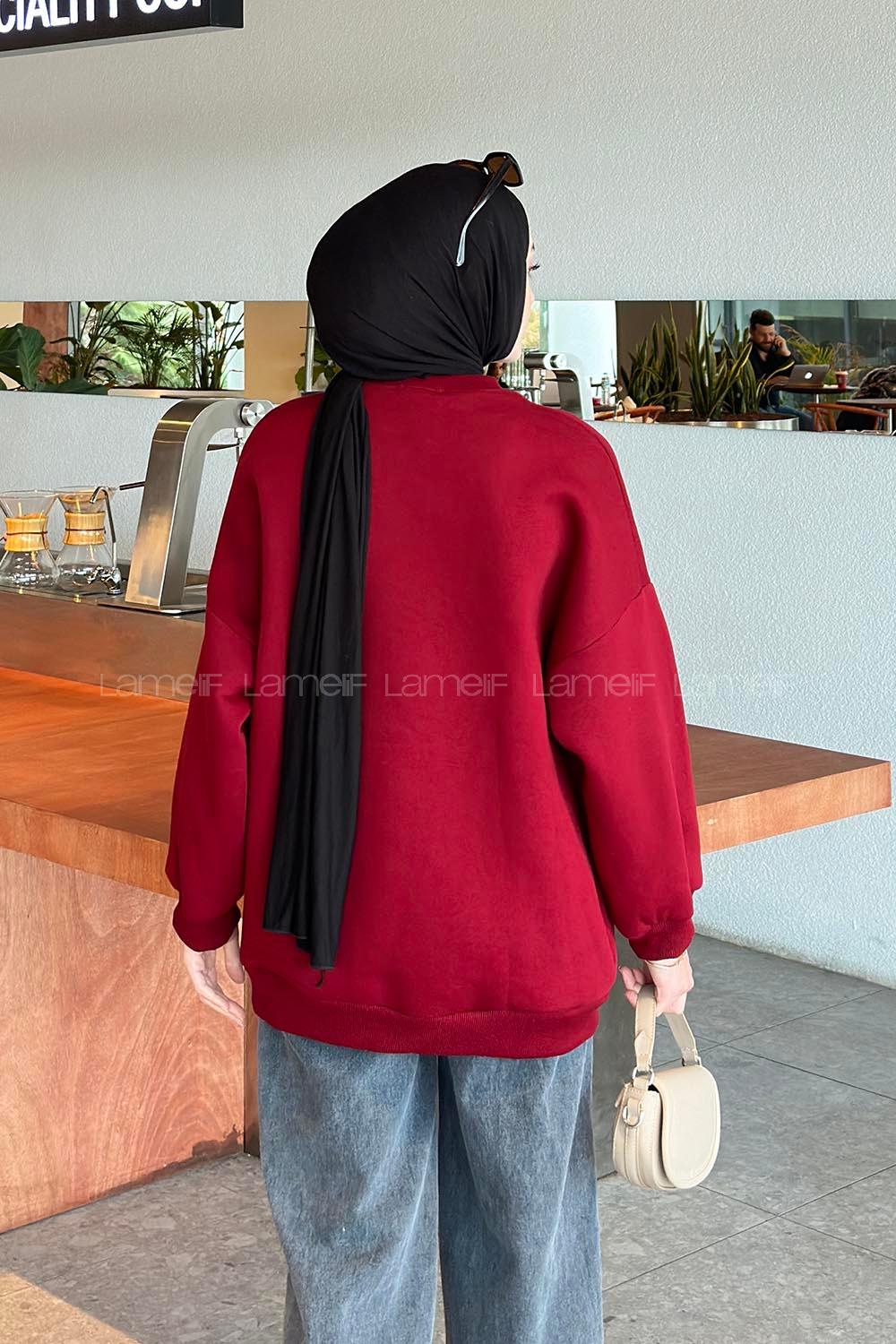 Lamelif Jasmin Bisiklet Yaka Oversize Sweat Bordo