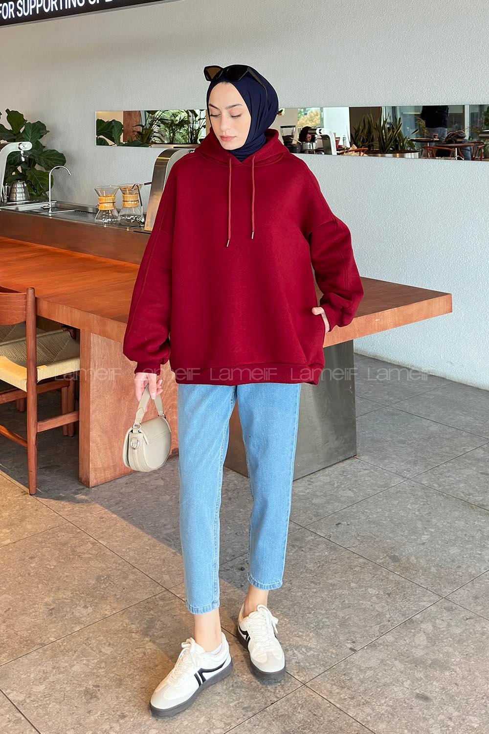 Claret Red Hood Neck Long Arm Unprinted Sweatshirt