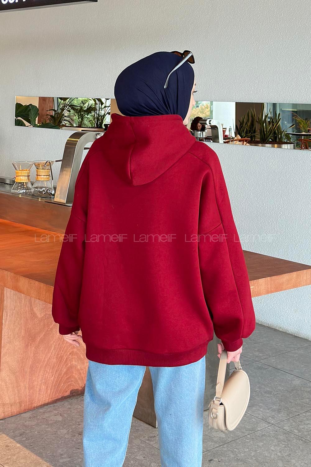 Claret Red Hood Neck Long Arm Unprinted Sweatshirt