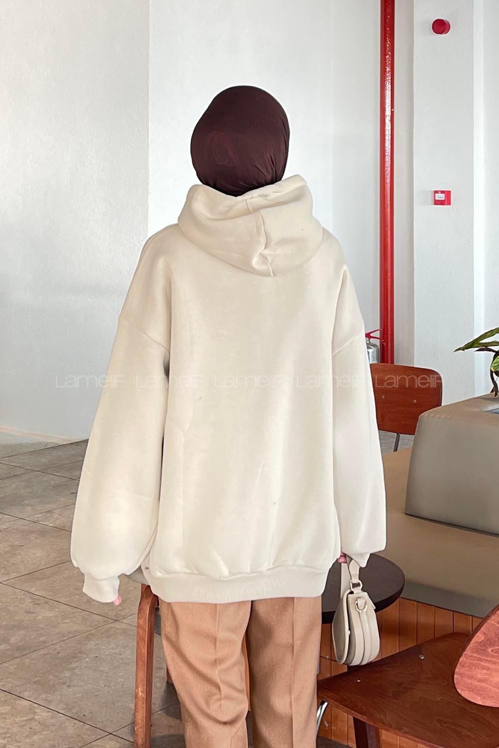 Lamelif Kapüşonlu Salaş Sweatshirt Bej