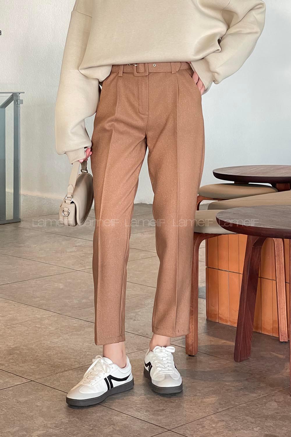 Camel Crepe Fabric High Waist Carrot Pant Pants
