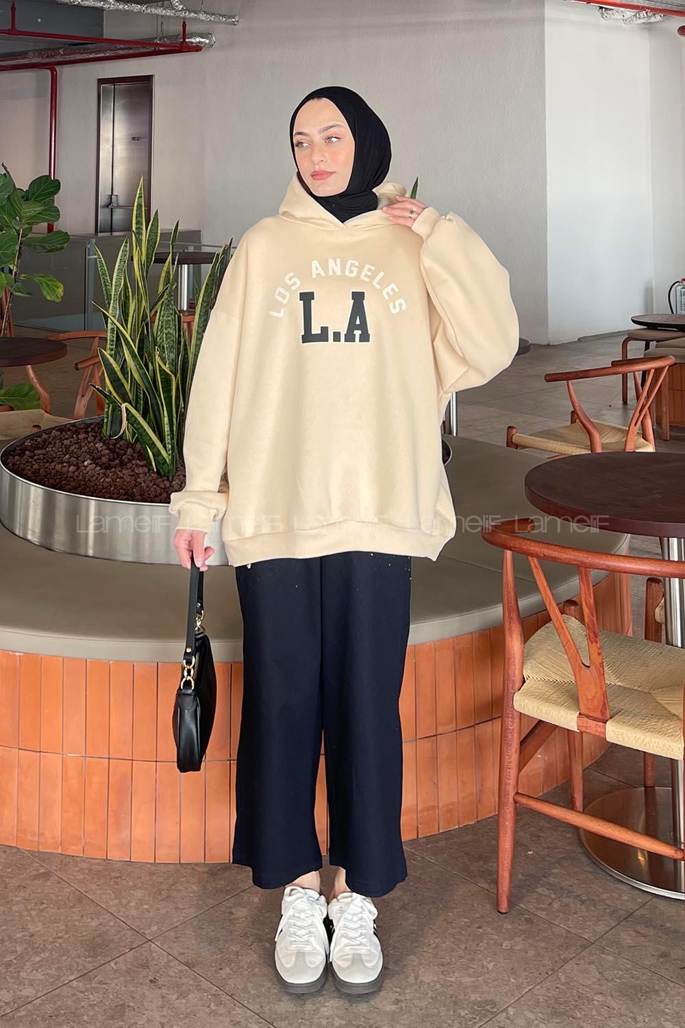 Lamelif Los Angeles Baskılı Oversize Sweatshirt Bej