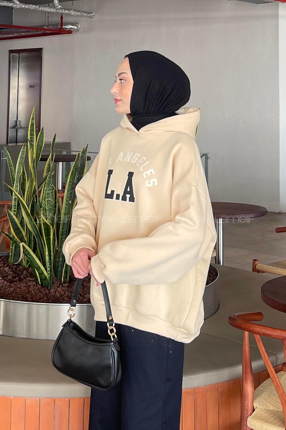 Lamelif Los Angeles Baskılı Oversize Sweatshirt Bej