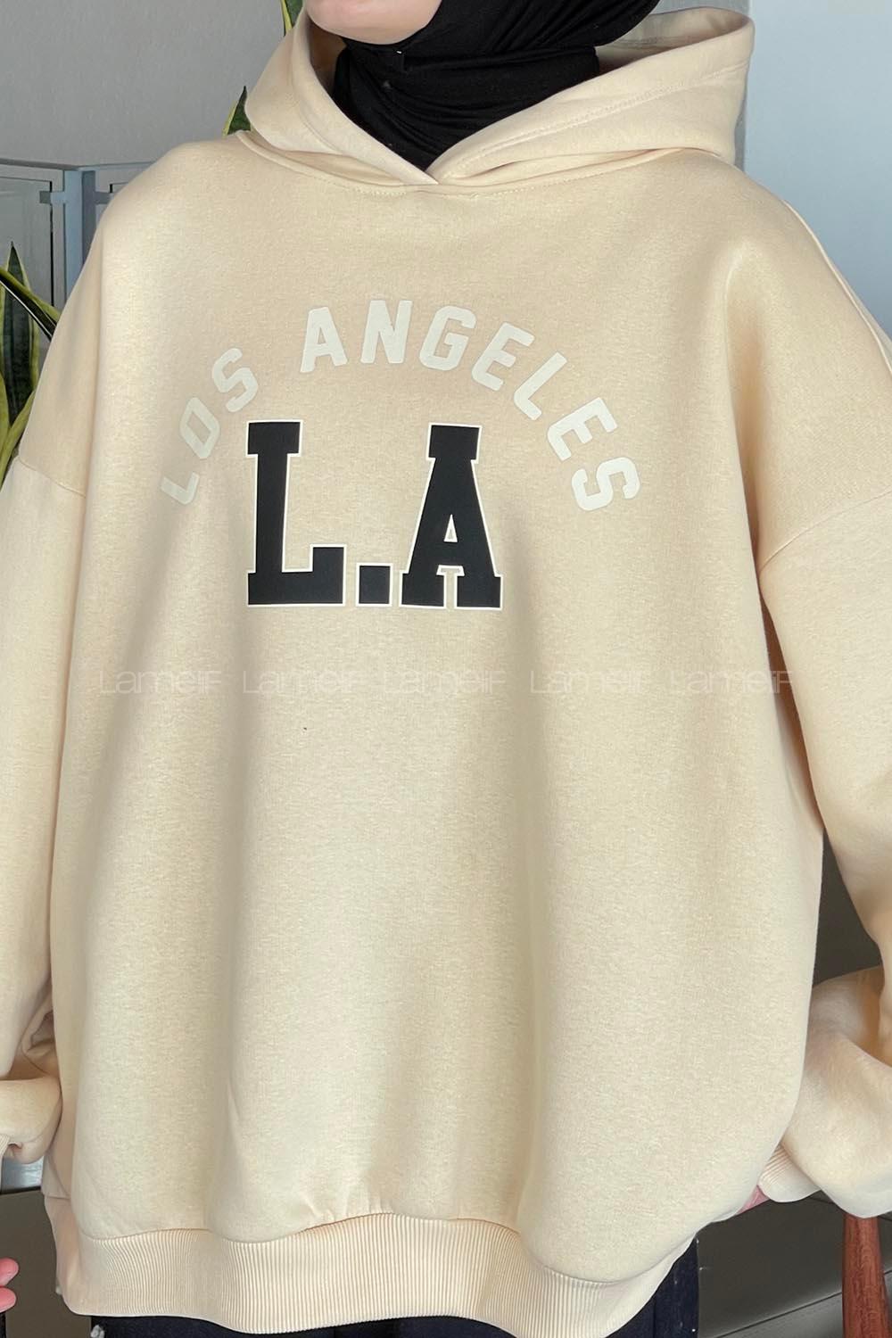 Lamelif Los Angeles Baskılı Oversize Sweatshirt Bej