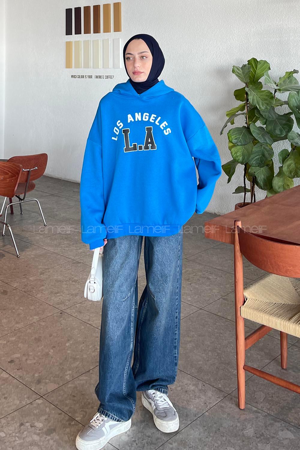 Lamelif Los Angeles Baskılı Oversize Sweatshirt Mavi