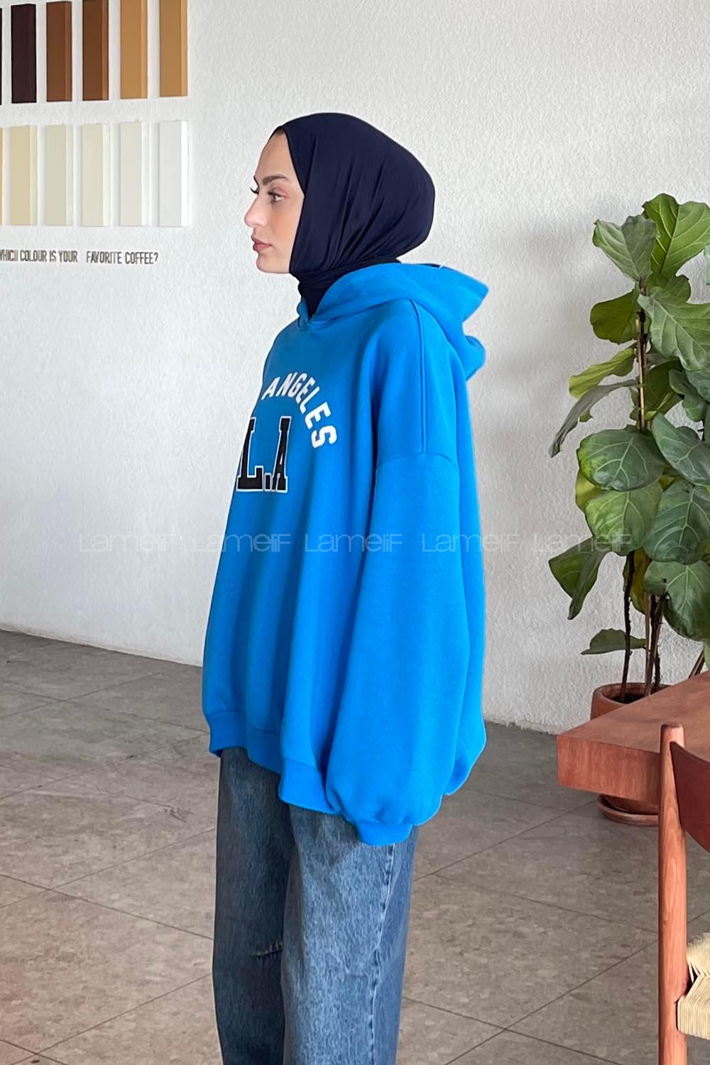 Lamelif Los Angeles Baskılı Oversize Sweatshirt Mavi