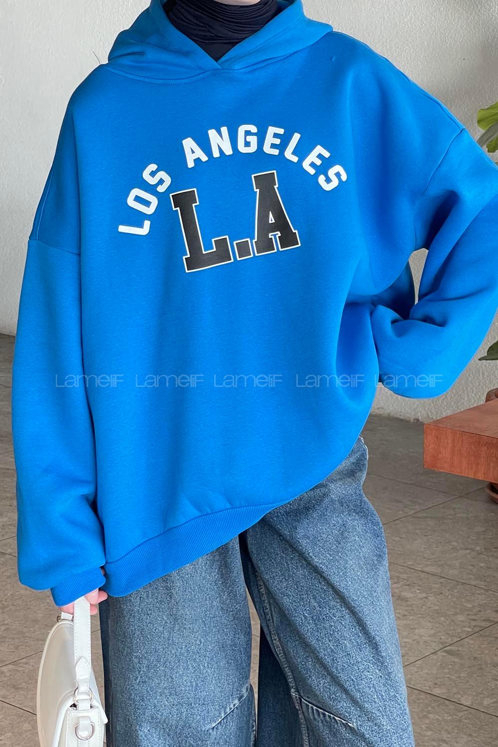 Lamelif Los Angeles Baskılı Oversize Sweatshirt Mavi