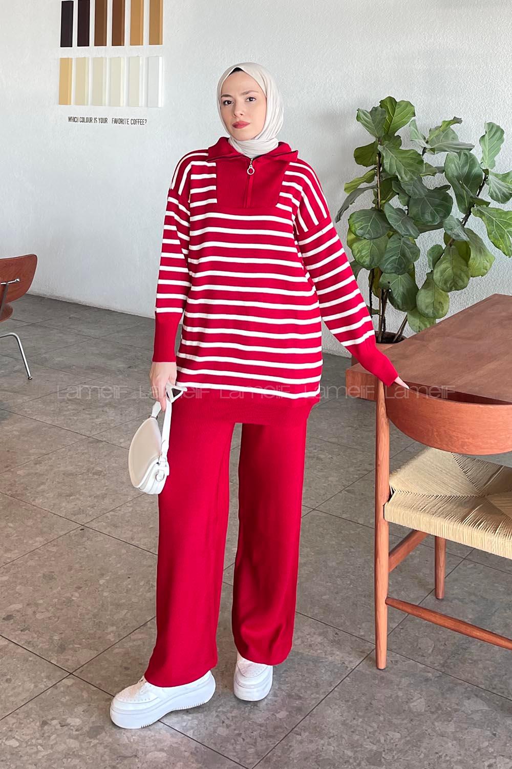 Red Zippered Neck Long Arm Without Accessories Regular Trousers Suit