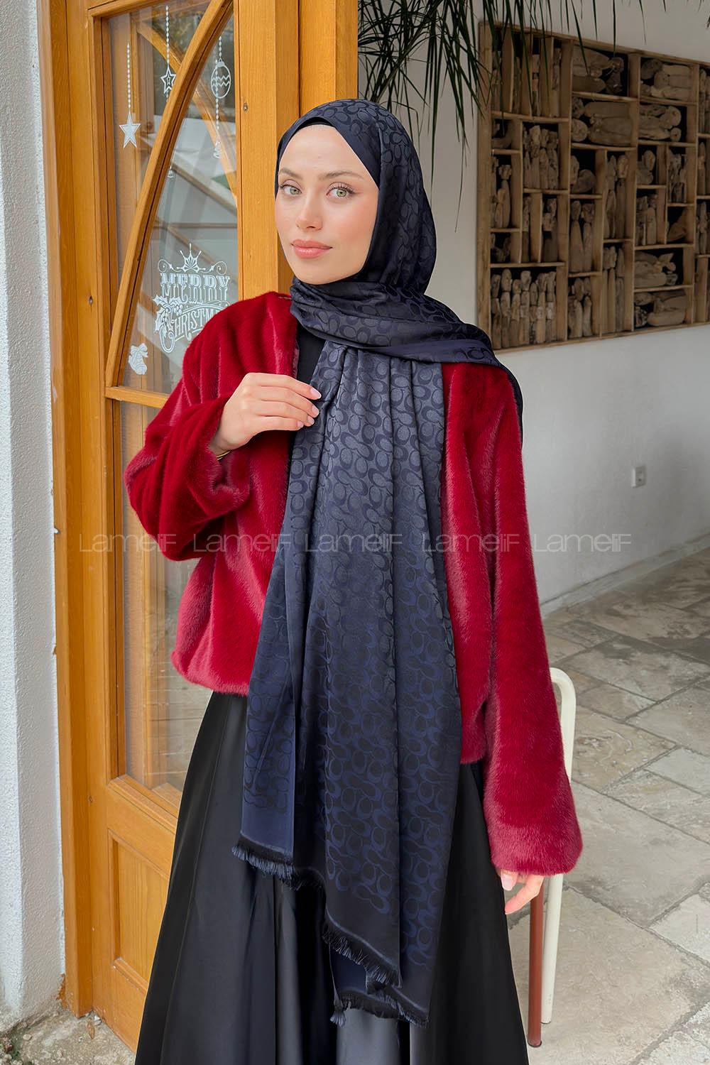 Lamelif C Desen Kaşmir Çift Taraflı Şal Lacivert