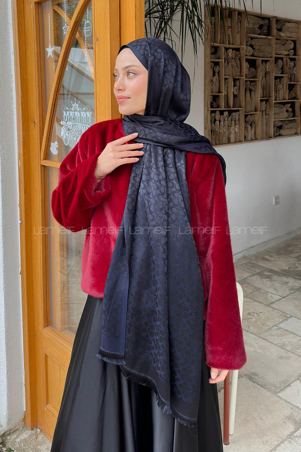 Lamelif C Desen Kaşmir Çift Taraflı Şal Lacivert