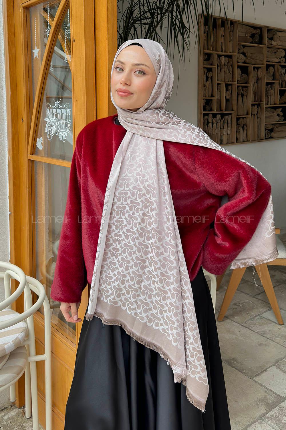 Lamelif C Desen Kaşmir Çift Taraflı Şal Vizon Taş