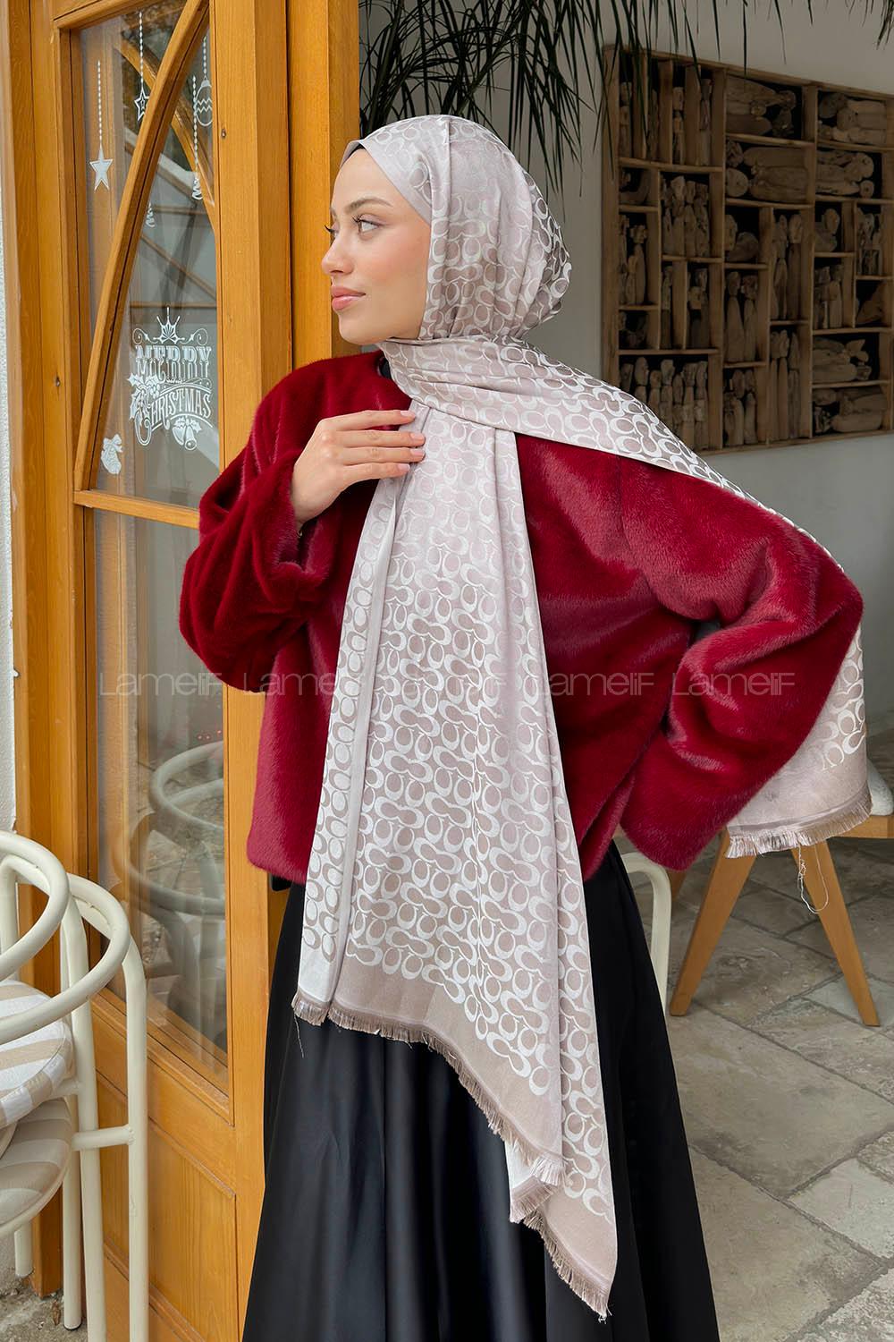 Lamelif C Desen Kaşmir Çift Taraflı Şal Vizon Taş