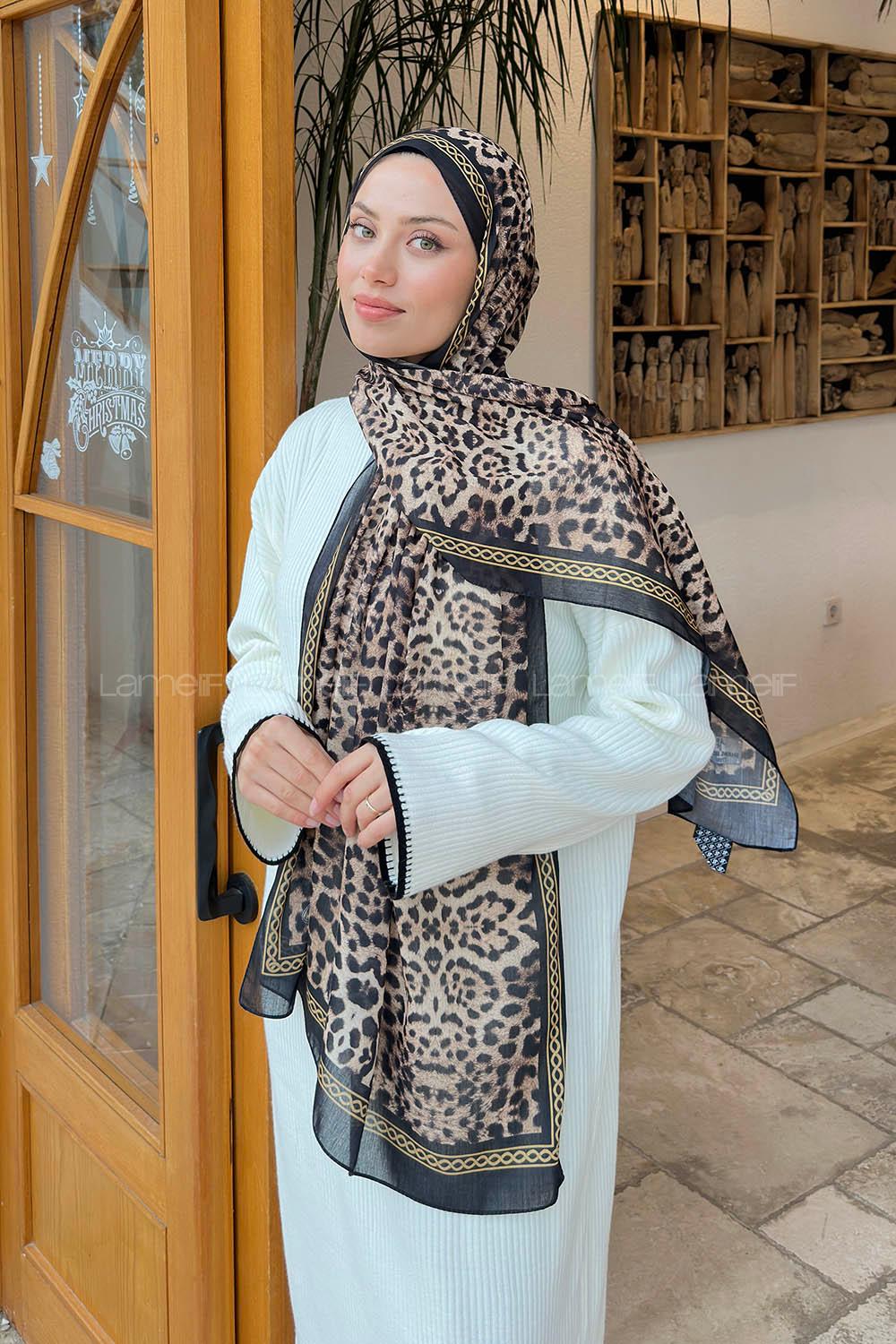 Lamelif Leopar Desen Pamuk Şal Siyah Bej