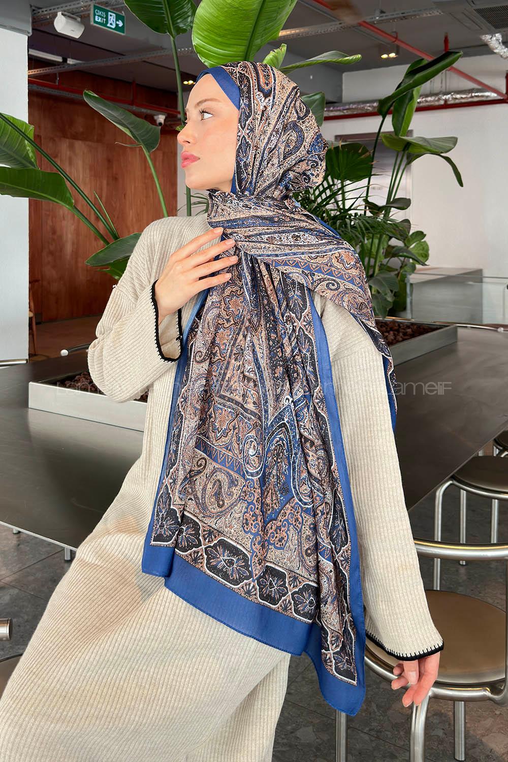 Lamelif Retro Desen Pamuk Şal İndigo Bej