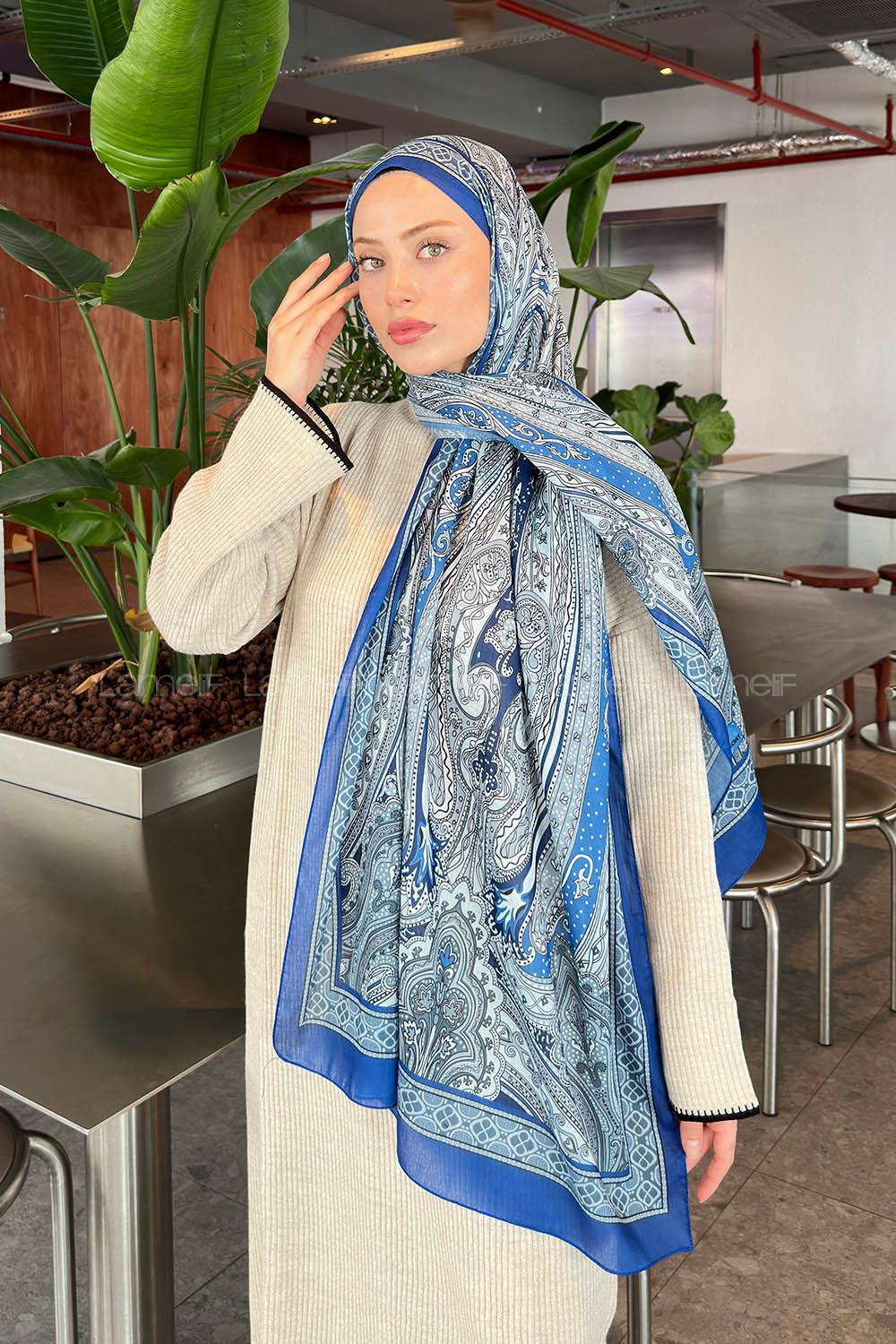 Lamelif Retro Desen Pamuk Şal Mavi